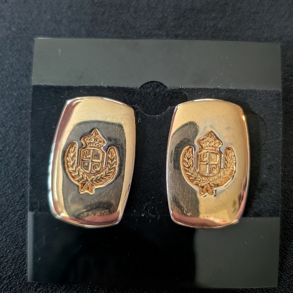Vintage Liz Claiborne LC Logo Crest Pierced Drop Dangle Earrings - Picture 3 of 6